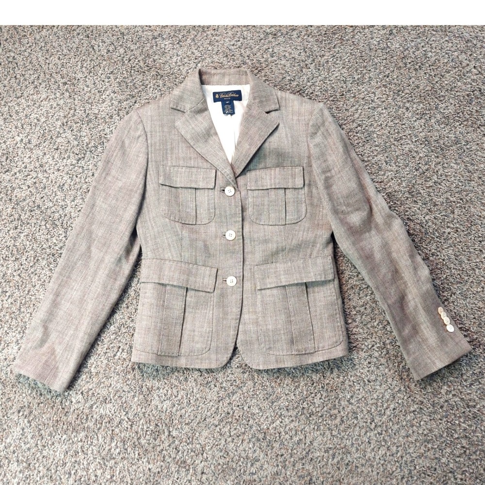 Brooks Brothers Blazer Women 0P Brown Herringbone Wool Silk Linen Safari Jacket